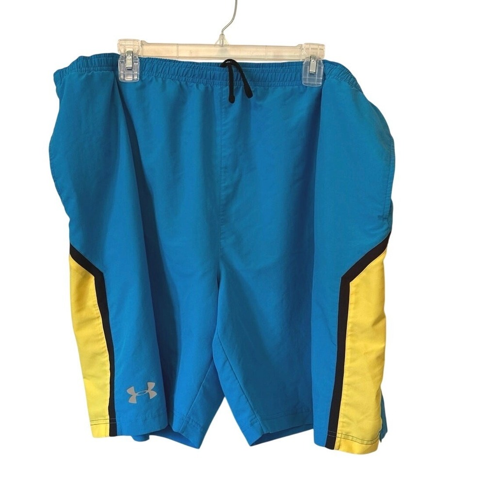 Under Armour Mens HeatGear Athletic Shorts Blue Yellow 2XL Running Training Gym
